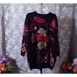 Vintage 80s Sweater 1980s Black Red Gold Floral Goth Dark Romance Size 20W